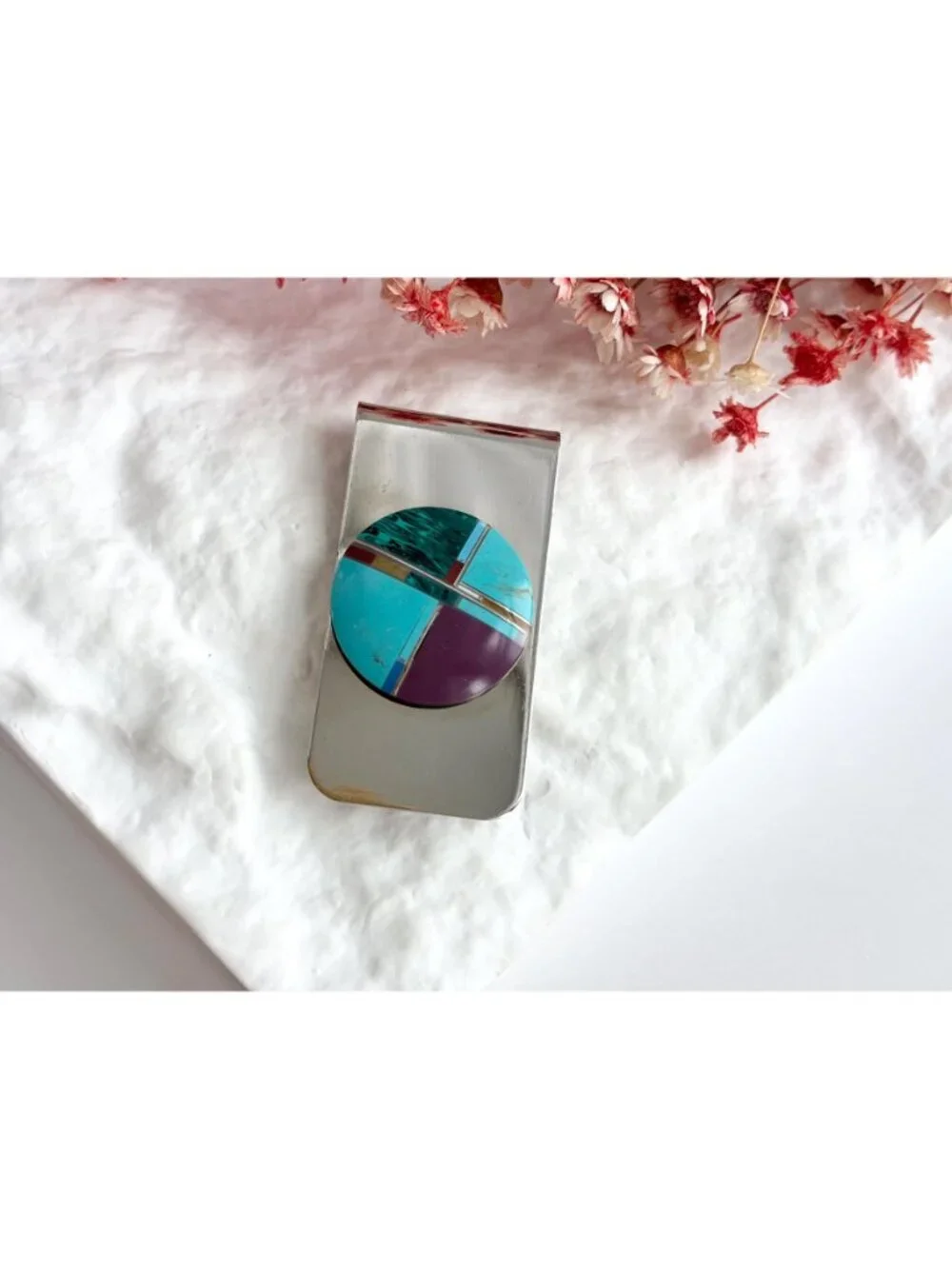 Natural Stone Inlaid Southwest Vintage Stainless Steel Money Clip